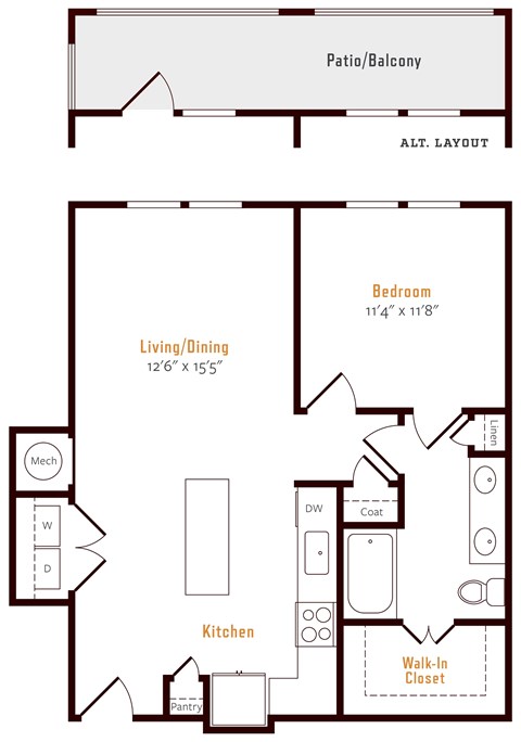 Floor plan for 1 bed, 1 bath, 787 sqft